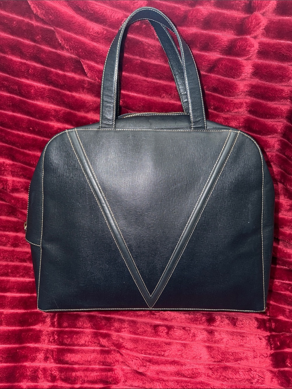 Vintage Valentino Navy Leather Tote Bag with Contrast Stitching
